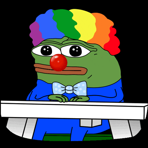 A cartoon clown frog in a rainbow wig sits at a piano.