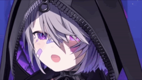 a girl with purple eyes is wearing a black hooded jacket