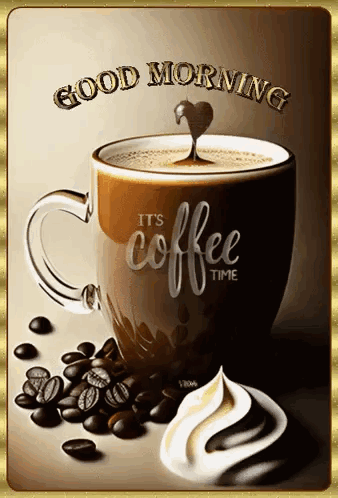 A coffee mug with cream art sits in a gold frame beneath “GOOD MORNING.”