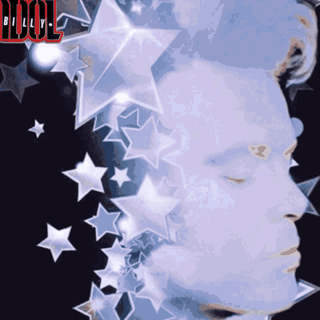 a poster for billy idol with a face and stars