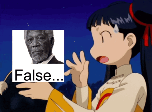 a cartoon girl holds up a picture of a man and the words false