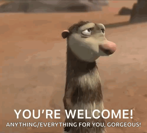 A gray cartoon animal looks aside in a sandy setting as “YOU’RE WELCOME!” appears.