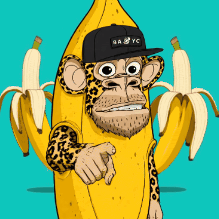 A leopard-patterned ape in a banana costume points toward the viewer.