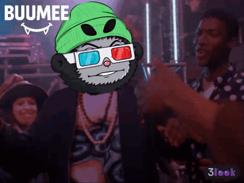 a cartoon of a monkey wearing 3d glasses and a green beanie with the word buumee on it