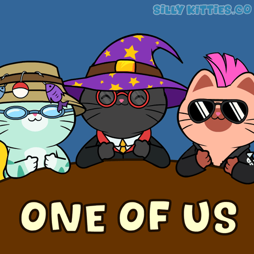 a cartoon of three cats sitting at a table with one of them wearing a wizard hat