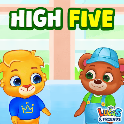 Two cute cartoon animals celebrate beneath “HIGH FIVE.”