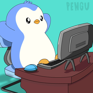 a cartoon of a penguin sitting at a desk with a computer and mouse