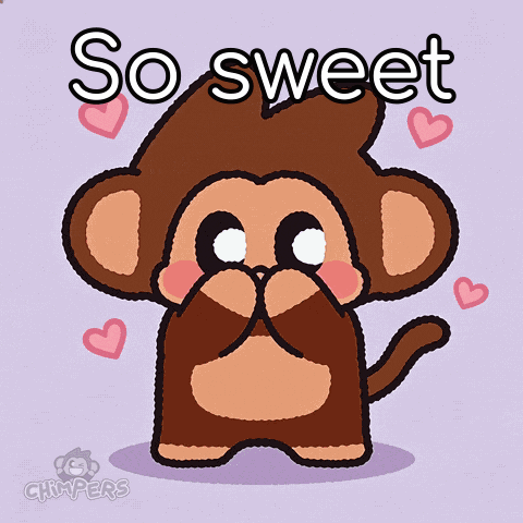 A cartoon monkey covers its face shyly amid pink hearts and “So sweet.”