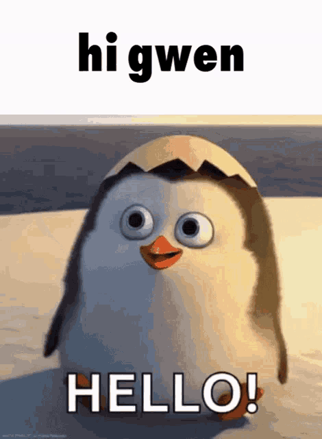 a penguin with a egg on its head says hi gwen hello
