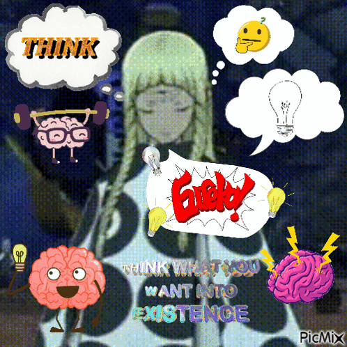 a picture of a girl with a speech bubble that says think on it