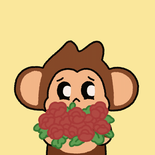 A cartoon monkey holds a bouquet of red roses.