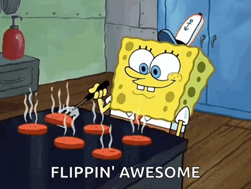 SpongeBob SquarePants grills food while the caption says “FLIPPIN’ AWESOME.”