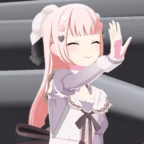 a girl with pink hair is waving her hand
