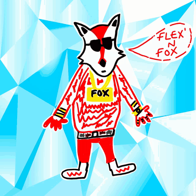a drawing of a fox wearing a sweater that says fox on it