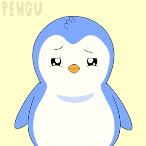 A sad blue-and-white penguin character looks downward.