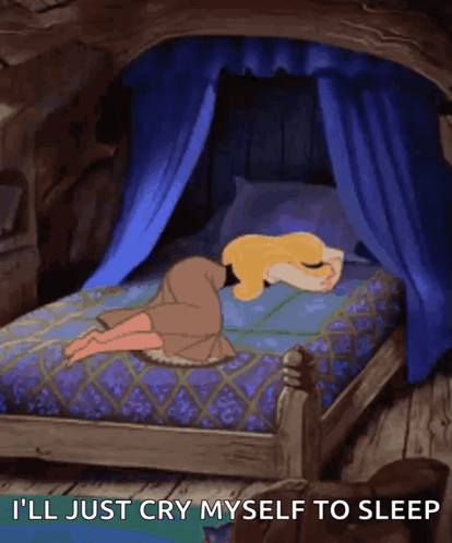 Cinderella lies sadly on a bed beneath blue curtains with caption “I'LL JUST CRY MYSELF TO SLEEP.”