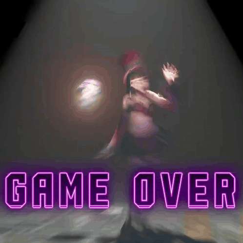 a girl in a top hat is standing in front of a neon sign that says game over