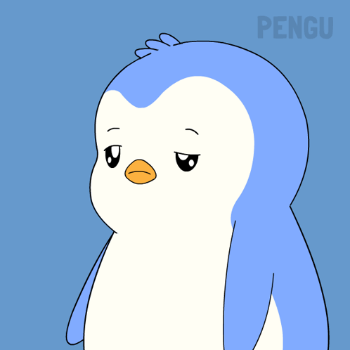 A sleepy blue penguin looks down with half-closed eyes.