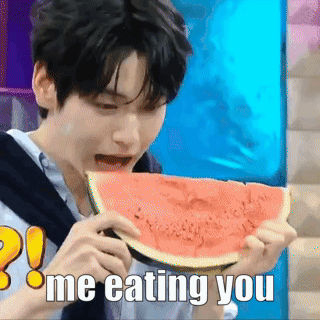 a young man is eating a slice of watermelon with the words " me eating you " below him .