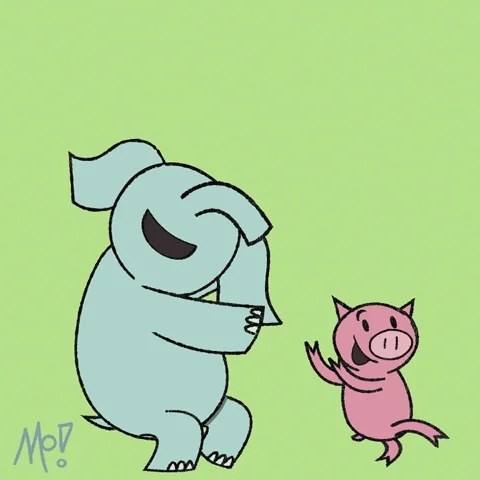 Elephant and Piggie celebrate together in a cheerful illustration.