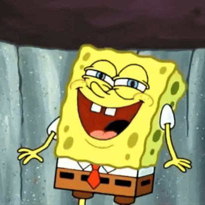 SpongeBob SquarePants laughs with a mischievous wide grin.