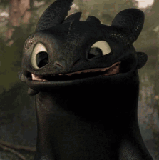 Toothless the black dragon looks forward with wide eyes.