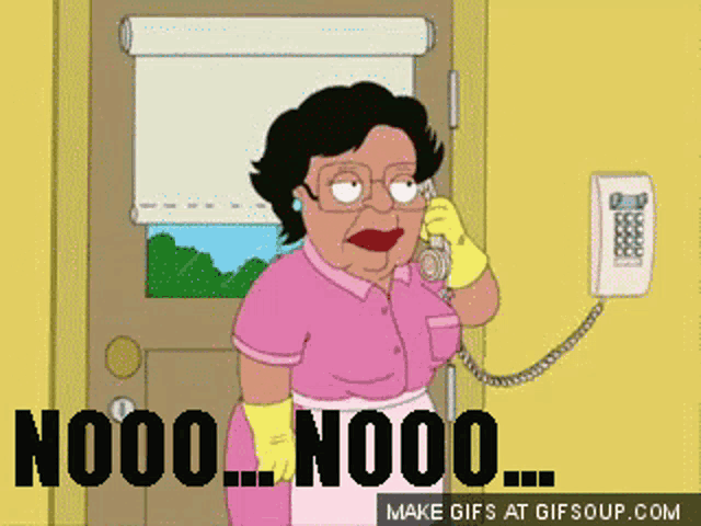 A cartoon woman on a telephone says “NOOO, NOOO...”