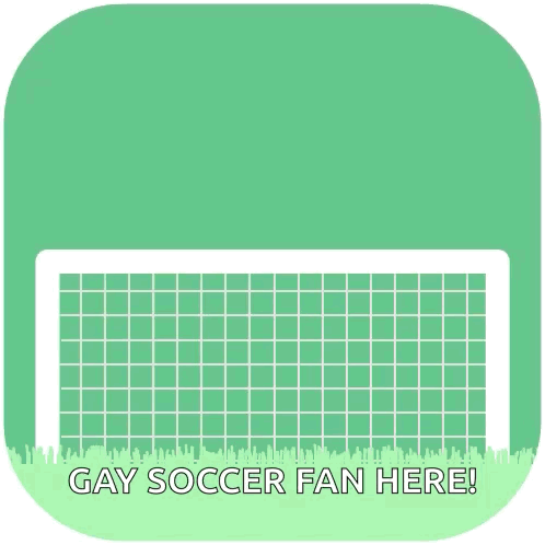 a soccer ball is flying over a goal net with the words gay soccer fan here written below it .