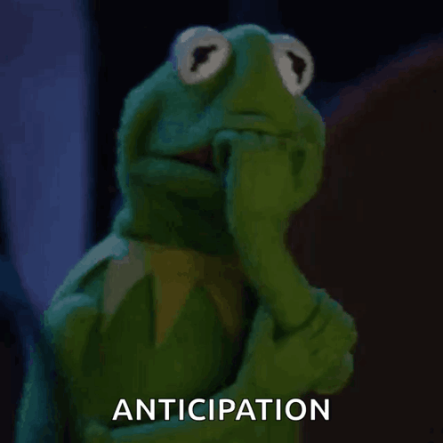 Kermit the Frog presses his hands to his face beneath the caption “ANTICIPATION.”