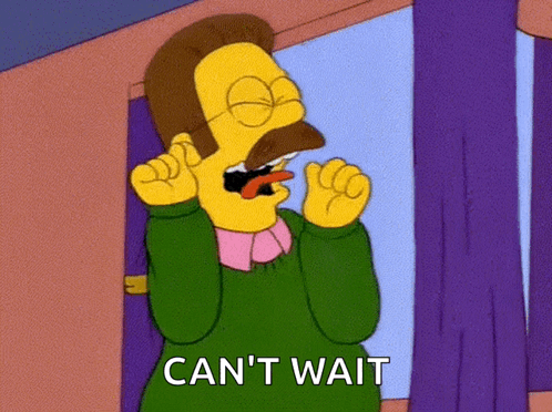 a cartoon character says " can 't wait " with his tongue hanging out
