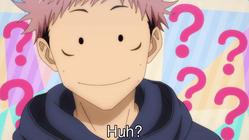 Itadori Yuji from Jujutsu Kaisen looks blankly confused as question marks surround him.