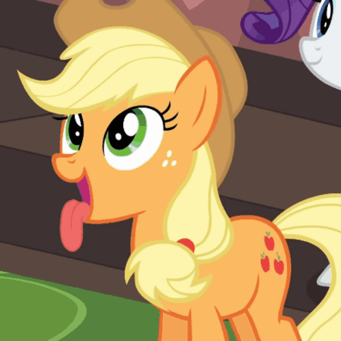 a cartoon pony named applejack is sticking its tongue out