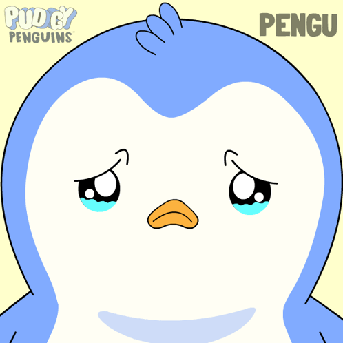 A blue cartoon penguin looks down with tears gathered in its eyes.