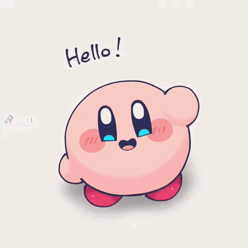Kirby smiles beneath a small “Hello!” caption.