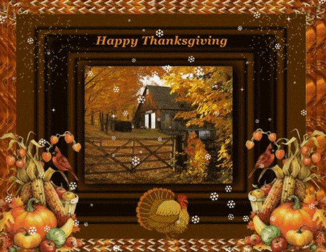 a happy thanksgiving greeting card with a picture of a barn and a turkey