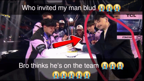 a group of people standing around a trophy with the caption who invited my man blud and bro thinks he 's on the team
