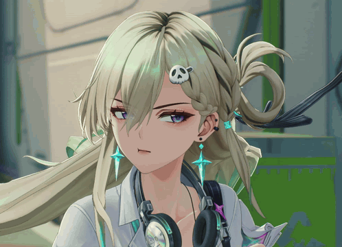 a girl wearing headphones has a skull pin in her hair
