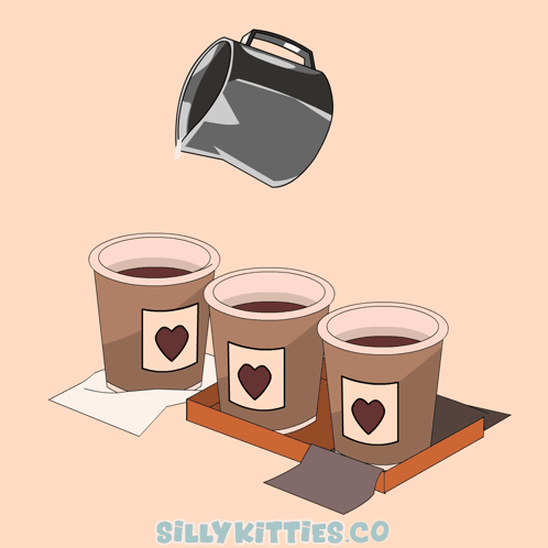 a cartoon of three cats sitting in coffee cups with hearts on them and the words sillykitties.co below them