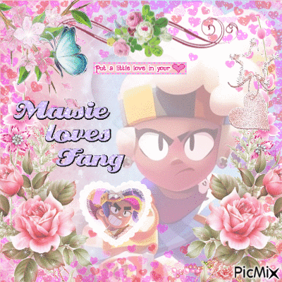 mausie loves fang is written on a pink background