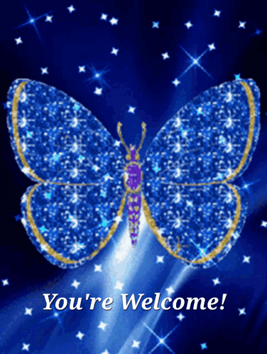 A glittering blue butterfly is framed by stars against a deep blue background.