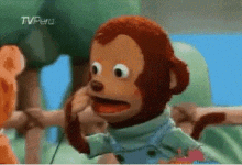 A puppet monkey leans forward in bewildered surprise.