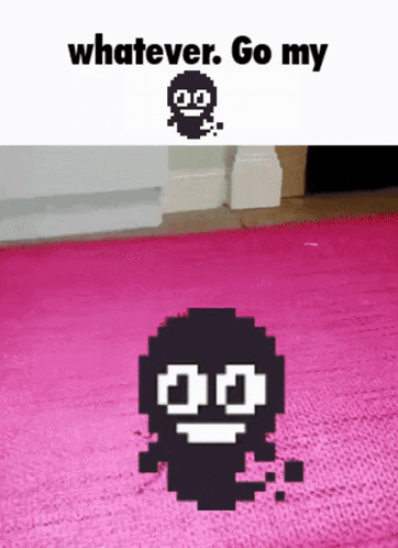 Pixelated black ghost stands on pink carpet under meme text.