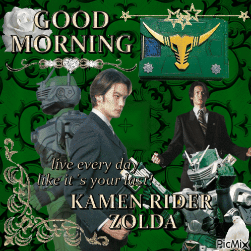 a good morning card with kamen rider zelda on it