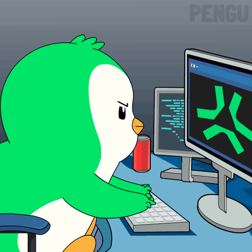 a cartoon of a penguin sitting in front of a computer with the word pengu on the bottom left