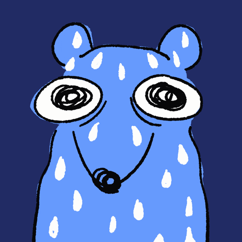 A blue cartoon rat sweats heavily and stares with huge spiraling eyes.