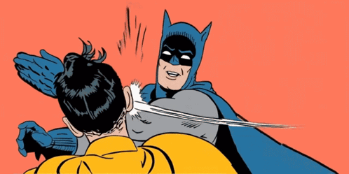 a cartoon of batman slapping robin on the head