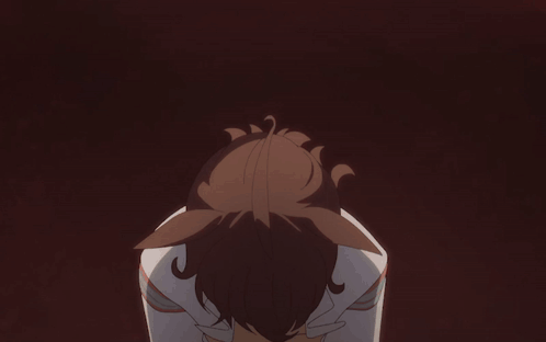 An anime girl bows her head in a dark red scene.