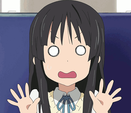A black-haired anime girl throws up her hands with wide startled eyes.