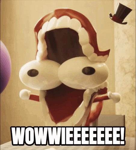 a cartoon character with a mouth open and the words wowwieeeee