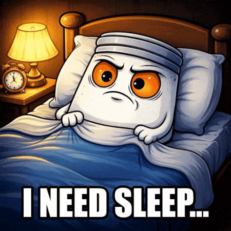 A sleepy cartoon salt shaker lies in bed saying “I NEED SLEEP...”